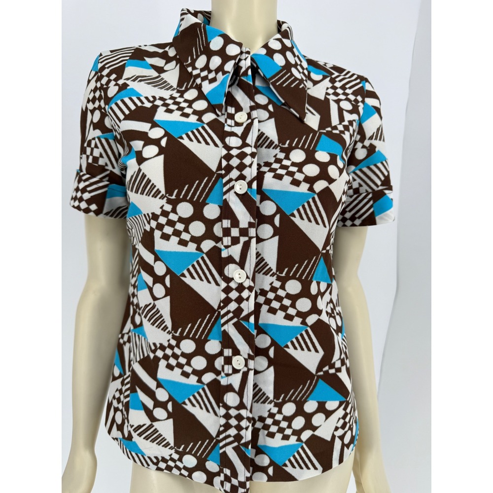 Vintage 1960s Handmade Mod Geometric Op Art Shirt Brown Blue White Womens M